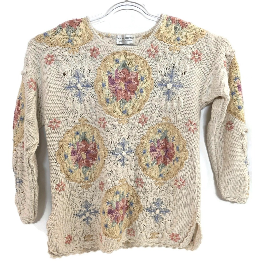 Vintage Grannycore Sweater White Pastel Floral Beaded Knit 90s Cottagecore Med.